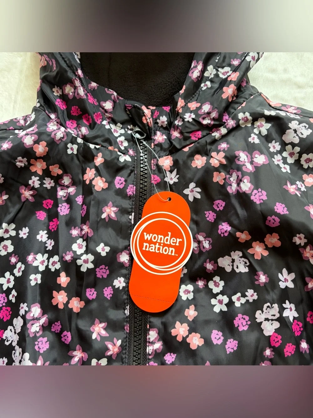 Girls Black Floral Windbreaker - NWT Full Zip Jacket With Hood & Pockets, Size 6